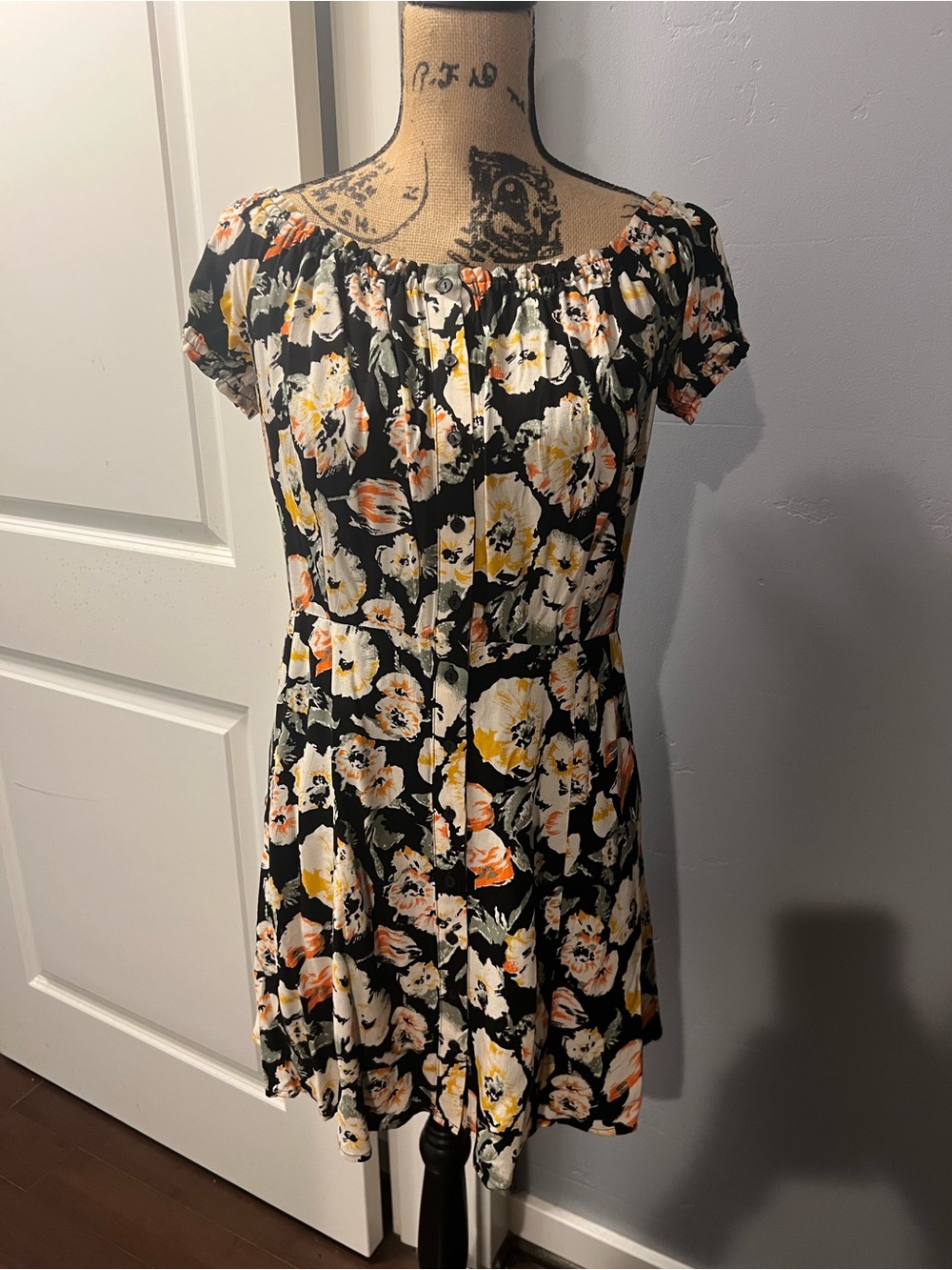 Free People Black Mini Dress with Yellow & Peach Floral Print